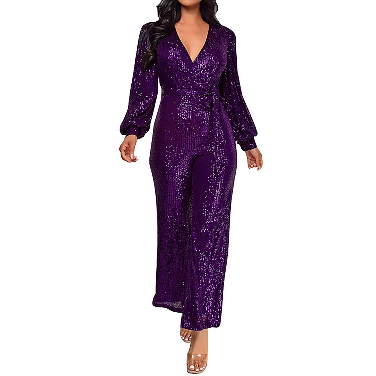 Jumpsuit Damen Elegant Mit Pailletten: Overall Glitzer Langarm V-Ausschnitt Lang Overall Hosenanzug Playsuit Mit Gürtel Romper Lightweight Schnelltrocknende Jumper Für Disco, Kostüm, Karneval