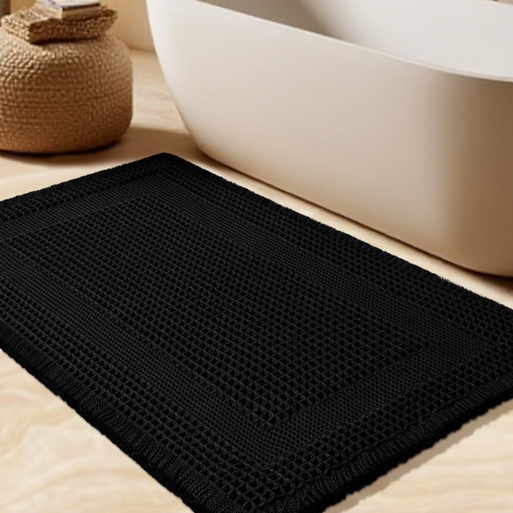 Upgrade Waffle Bath Mat, Boho Bathroom Rugs Absorbent Non Slip, Ultra Soft Bathroom Mat, Machine Washable Knit Bath Rugs with Tassels for Bathroom, Bedroom, Kitchen, Shower, Tub, Black, 32"x20" - 71% off