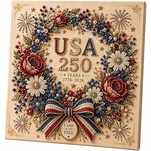 USA 250th Anniversary Beaded Floral Art Kit Patriotic DIY Pearl Embroidery Canvas (17762026 Edition) US 250th DIY Pearl Beaded Floral Craft Decoration 4th of July Diamond Painting Kit (Wreath)