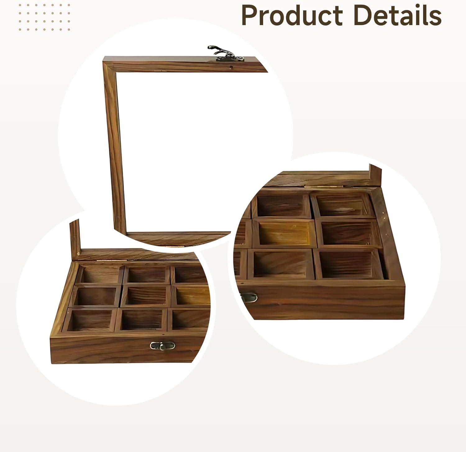 Multicompartment Wooden Spice Organizer, Walnut Box with Spoon, Kitchen Masala Box, Transparent Lid, 11.8 X 8.9 X 2.8 in / 30 X 22.5 X 7 Cm