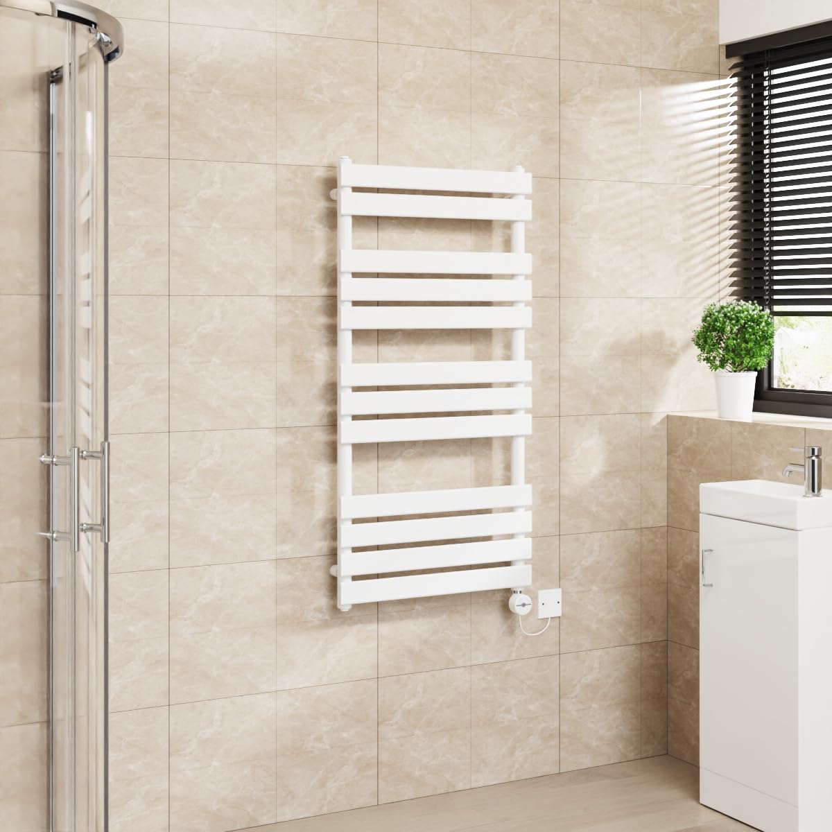 Warmehaus Flat Panel Electric Heated Towel Rail Touch Screen Timer Bathroom Radiator Prefilled White 1200x600mm 600W