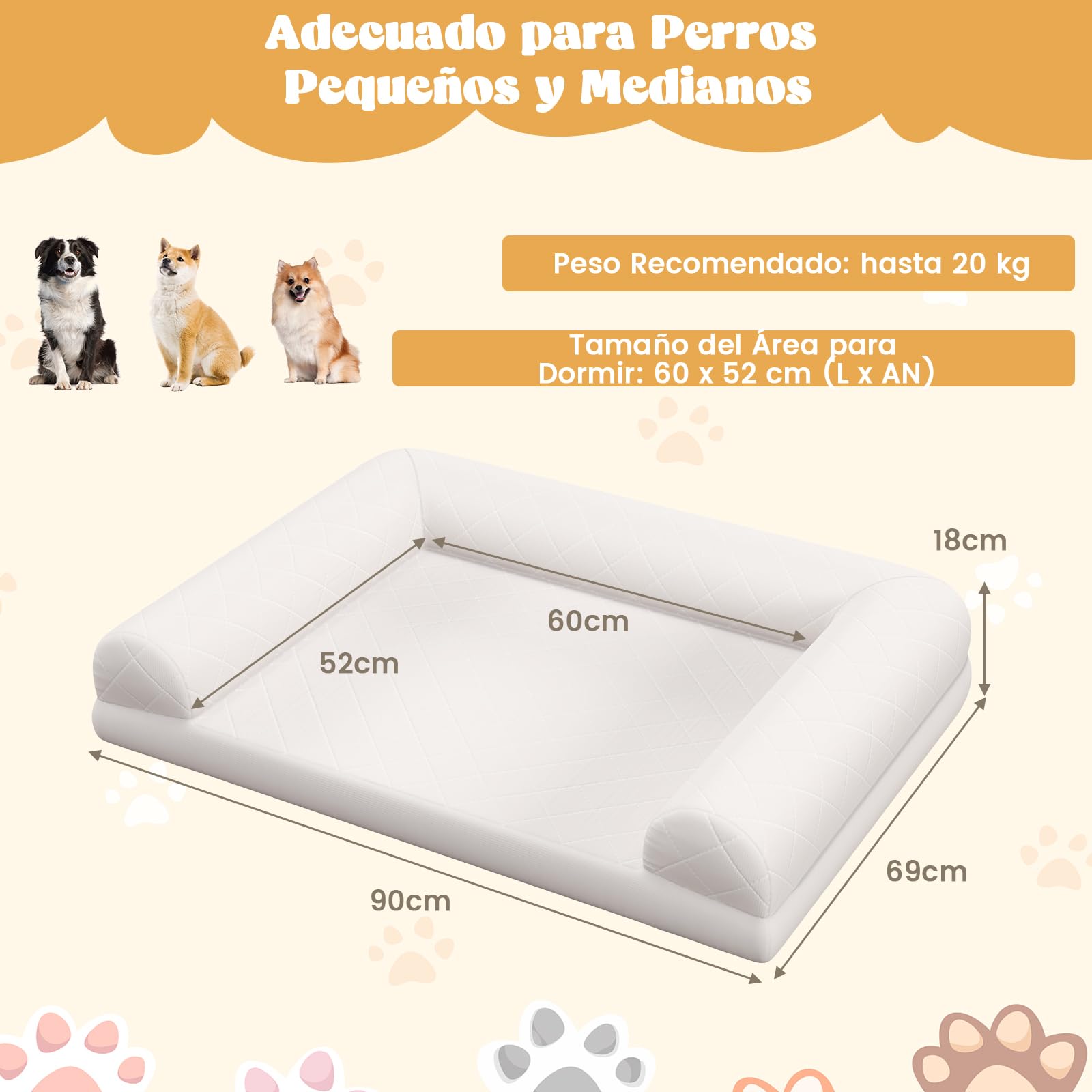 COSTWAY Cama Perros Medianos y Pequeños, 90x69x18 cm, Cama Ortopédica para Perros con Espuma de Huevo y Cojín de 3 Lados, Base Antideslizante, Sofá para Mascotas, Desenfundable y Lavable (Beige)