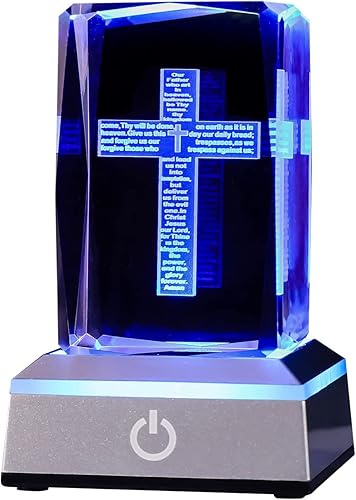 Miniatura 8 de BAHUJIDA Crucifijo de cristal grabado con láser 3D, versículo de la Biblia, oración con base de luz colorida, lámparas de escritorio The Lord para