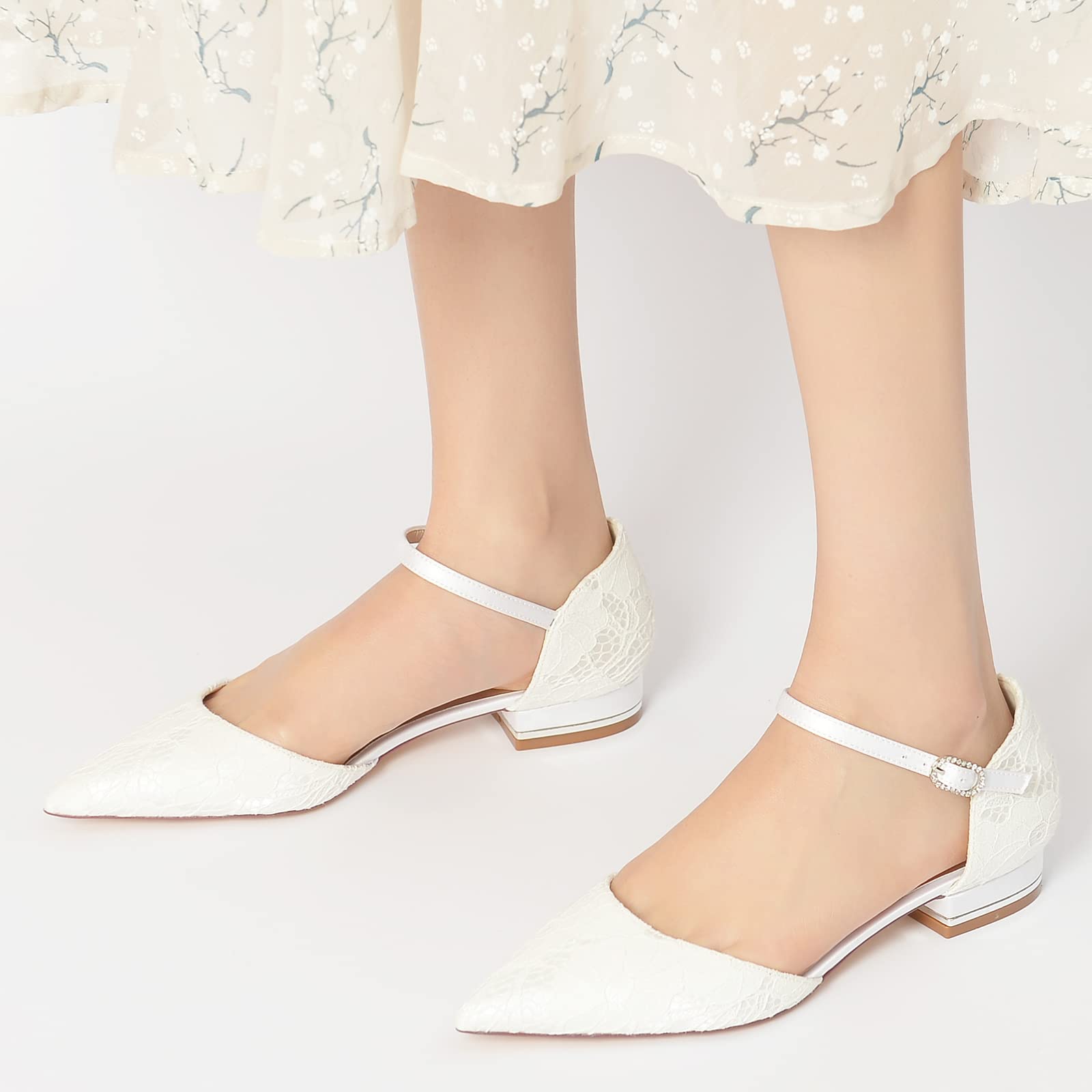 Scarpe da Sposa in Pizzo Bianco per Donna Ballerine a Punta Scarpe Basse con Cinturino alla Caviglia Décolleté per Cerimonia Party