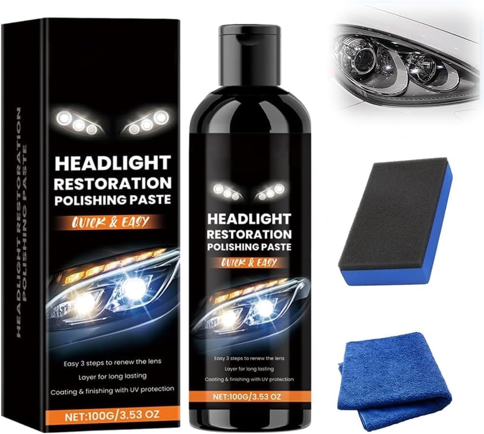 Car Headlights Restoration Kit,Headlight Stain Remover, Headlight Polish Cleaner for Lights Repair with Scratch Removal, Easy to Apply, Long-Lasting Shine,100ml Cleaner with Sponge & Cloth