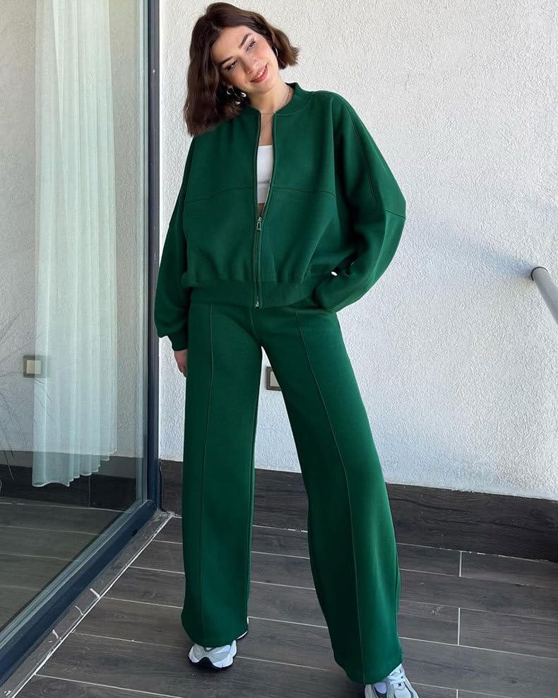 Set Di Abbigliamento Da Viaggio Per Donna, Bomber Rosso A Maniche Lunghe con Cerniera, Pantaloni Larghi con Elastico In Vita, Completo 2 Pezzi, Tuta Casual Ampia, Coordinati Sportivi