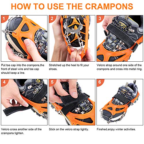 Tevlaphee Crampons Ice Cleats Traction Snow Grips For Boots Shoes Women Men Kids Anti Slip 19 Spikes For Walking Jogging Climbing Fishing Hiking And Climbing Mountaineering (Orange, M) #TOP7