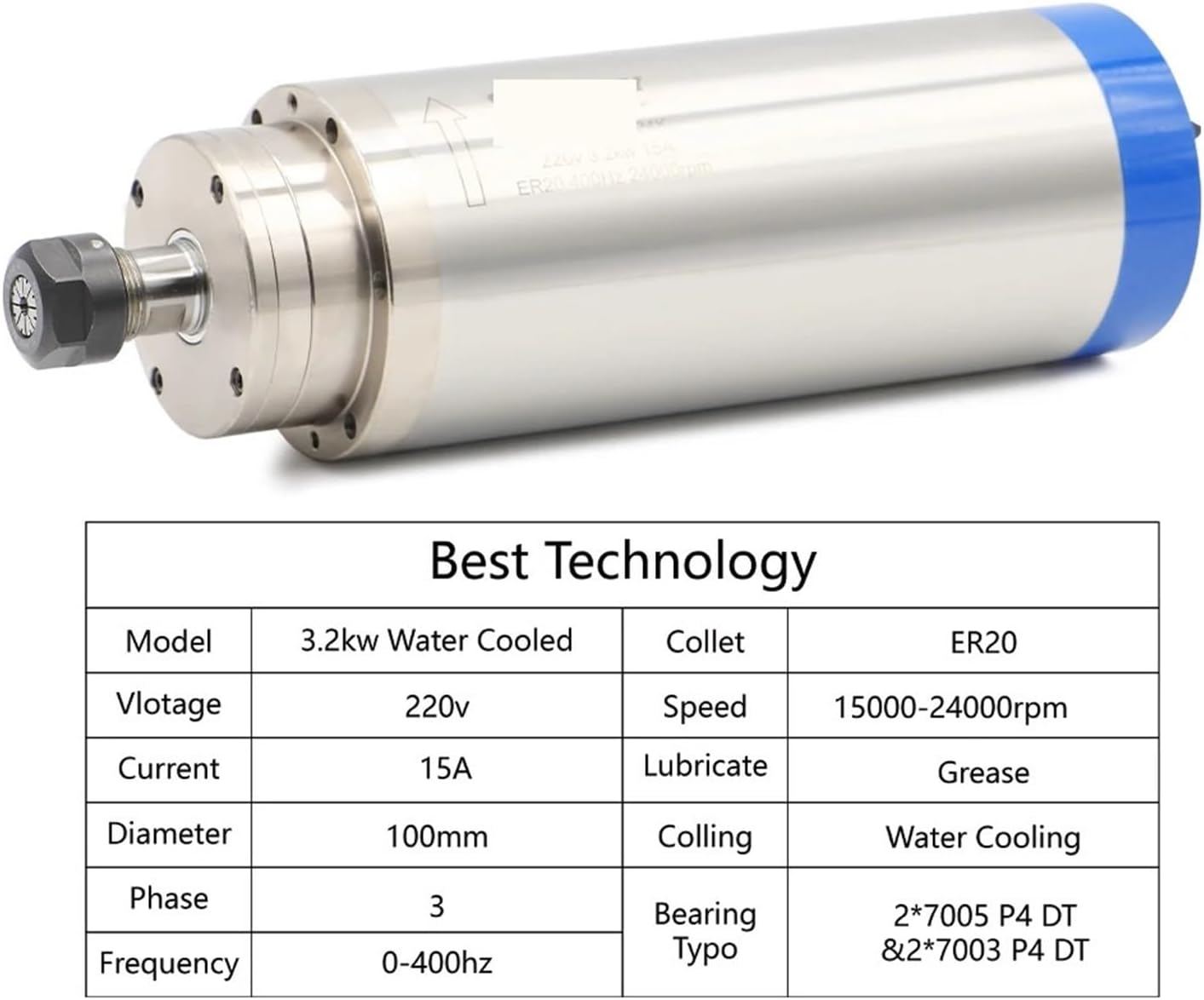 220V 380V 3.2KW ER20 4pcs Bearing 100mm 400Hz Water Cooling Spindle CNC(Ceramic Ball Bearing,220v)