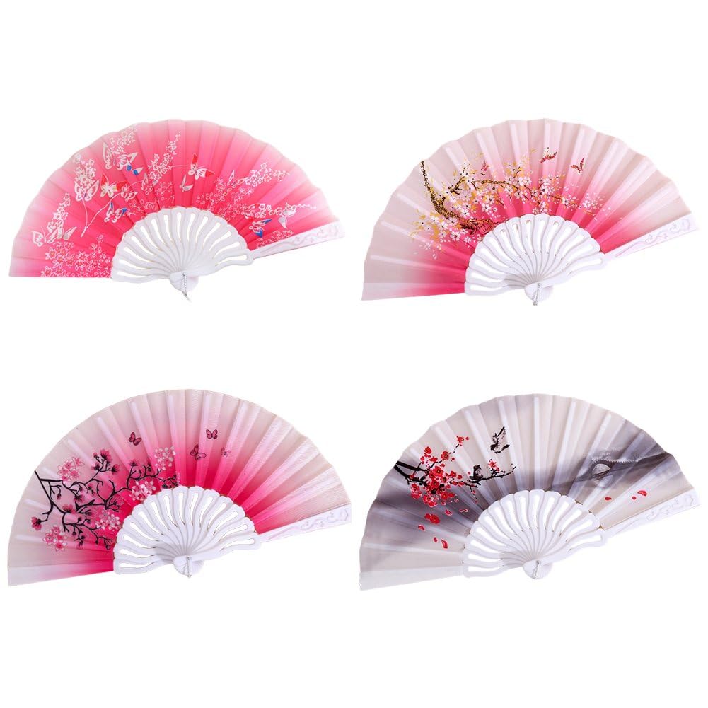 Hrippy 4pcs Vintage Floral Folding Fan, Plastic Handheld Fan for Wedding Dancing Church Party Scene Decoration