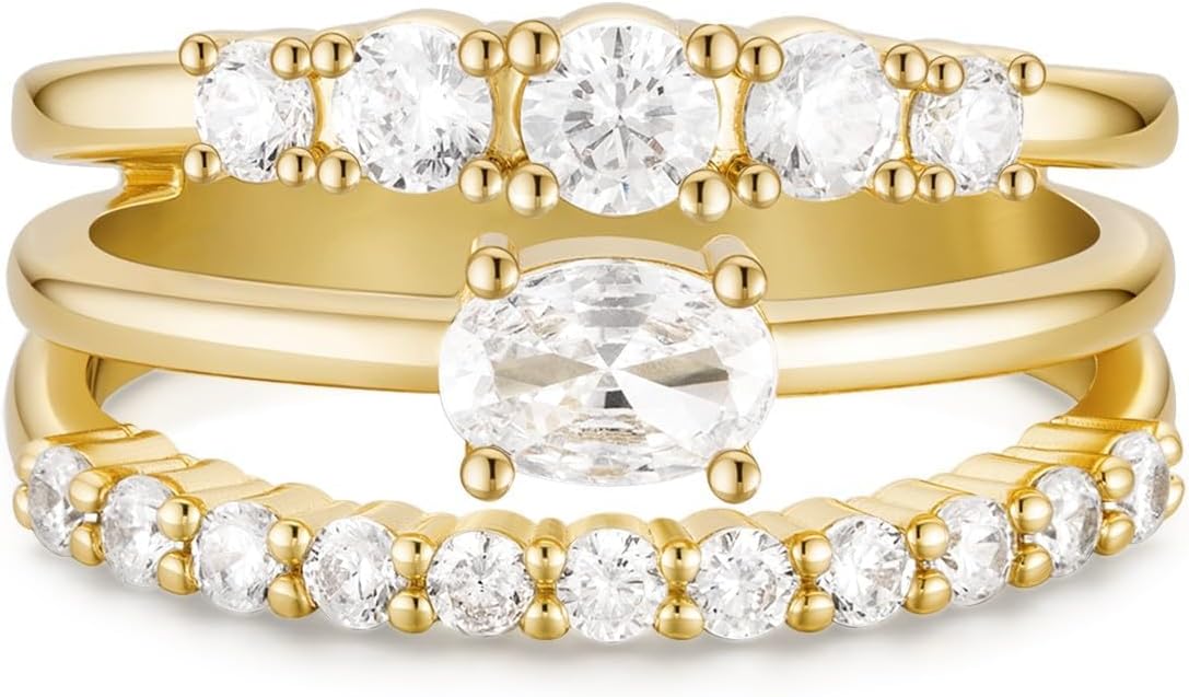 14k Gold Rings For Women,Dainty Chunky Gold Stacking Rings, 3-in-1 One Piece Ring,Trendy CZ & Opal Statement Ring for Women