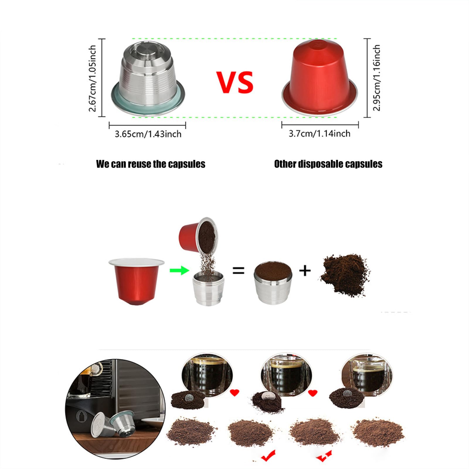 Greabuy Cápsulas de café de acero inoxidable con cuchara, papel de filtro y cepillo para mantenimiento de máquinas, juego de accesorios de café