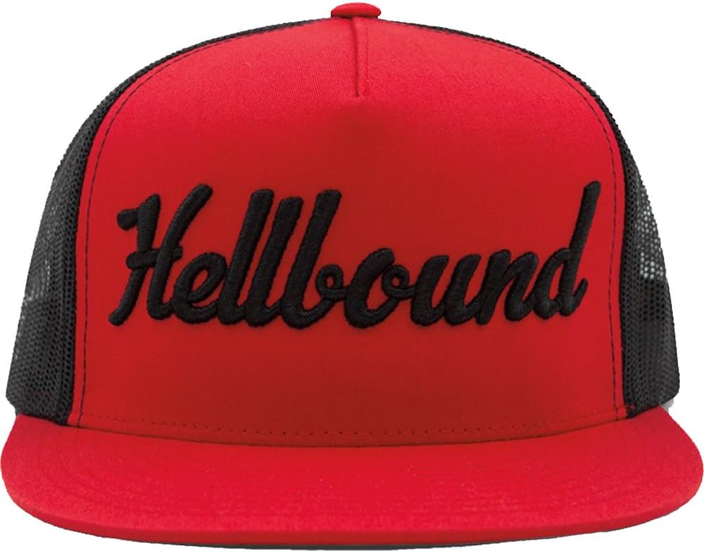 RED DEVIL CLOTHINGHellbound Trucker Cap for Men – Flat Bill Mesh Snapback Hat – 5-Panel Red Cap with Bold Black Hellbound Front – One Size Adjustable – Cotton/Poly/Nylon Blend – Outdoor Summer Baseball Hat
