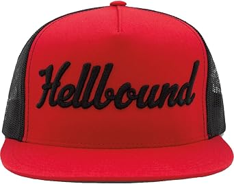 Hellbound Trucker Cap for Men Flat Bill Mesh Snapback Hat 5-Panel Red Cap with Bold Black Hellbound Front One Size Adjustable Cotton/Poly/Nylon Blend Outdoor Summer Baseball Hat