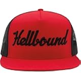 Hellbound Trucker Cap for Men – Flat Bill Mesh Snapback Hat – 5-Panel Red Cap with Bold Black Hellbound Front – One Size Adjustable – Cotton/Poly/Nylon Blend – Outdoor Summer Baseball Hat