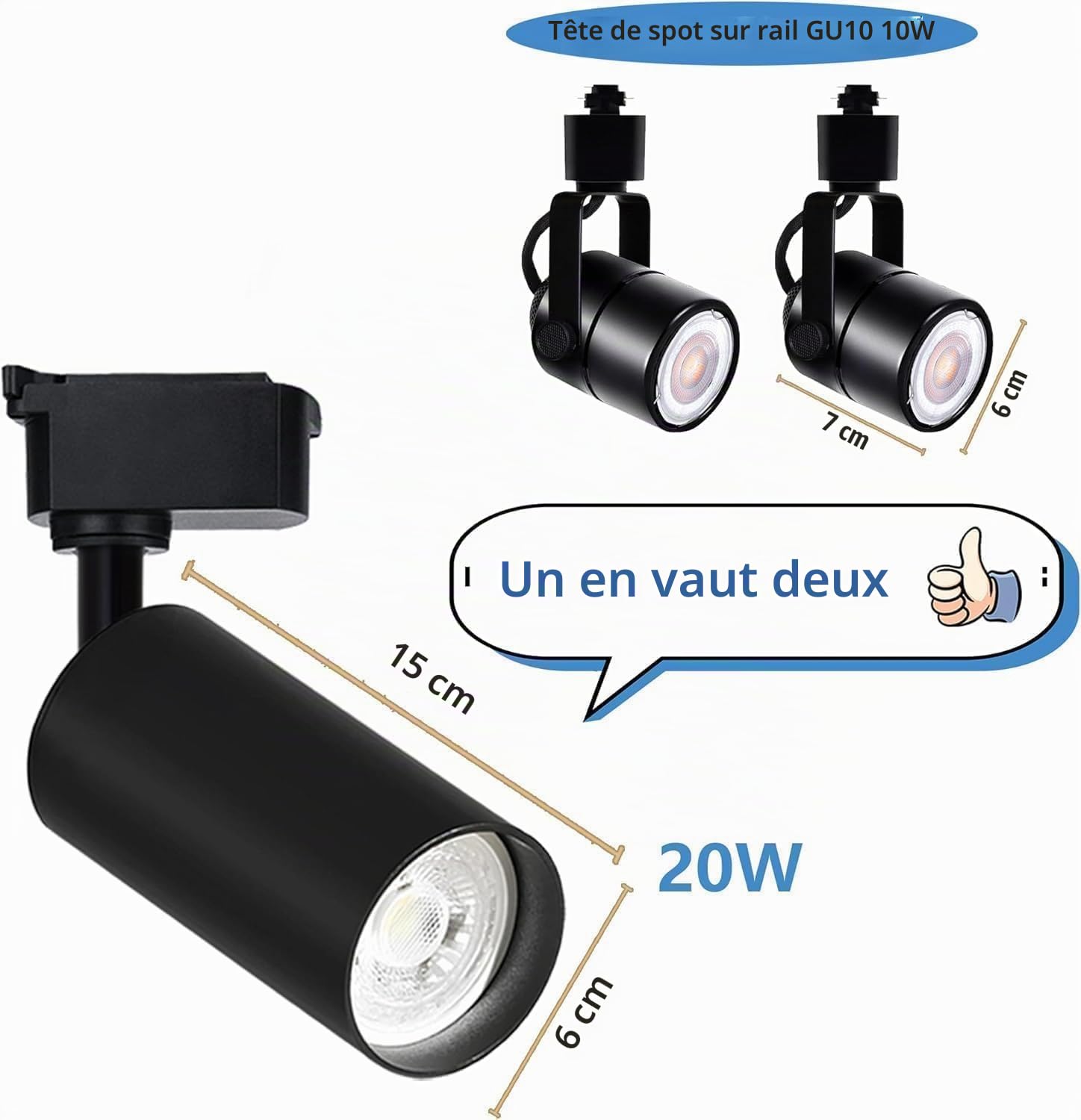 Kit de têtes d'éclairage de piste, 6 lumières de piste étendues 2x1m rails de type H 20W 3000K Blanc chaud Projecteur de plafond