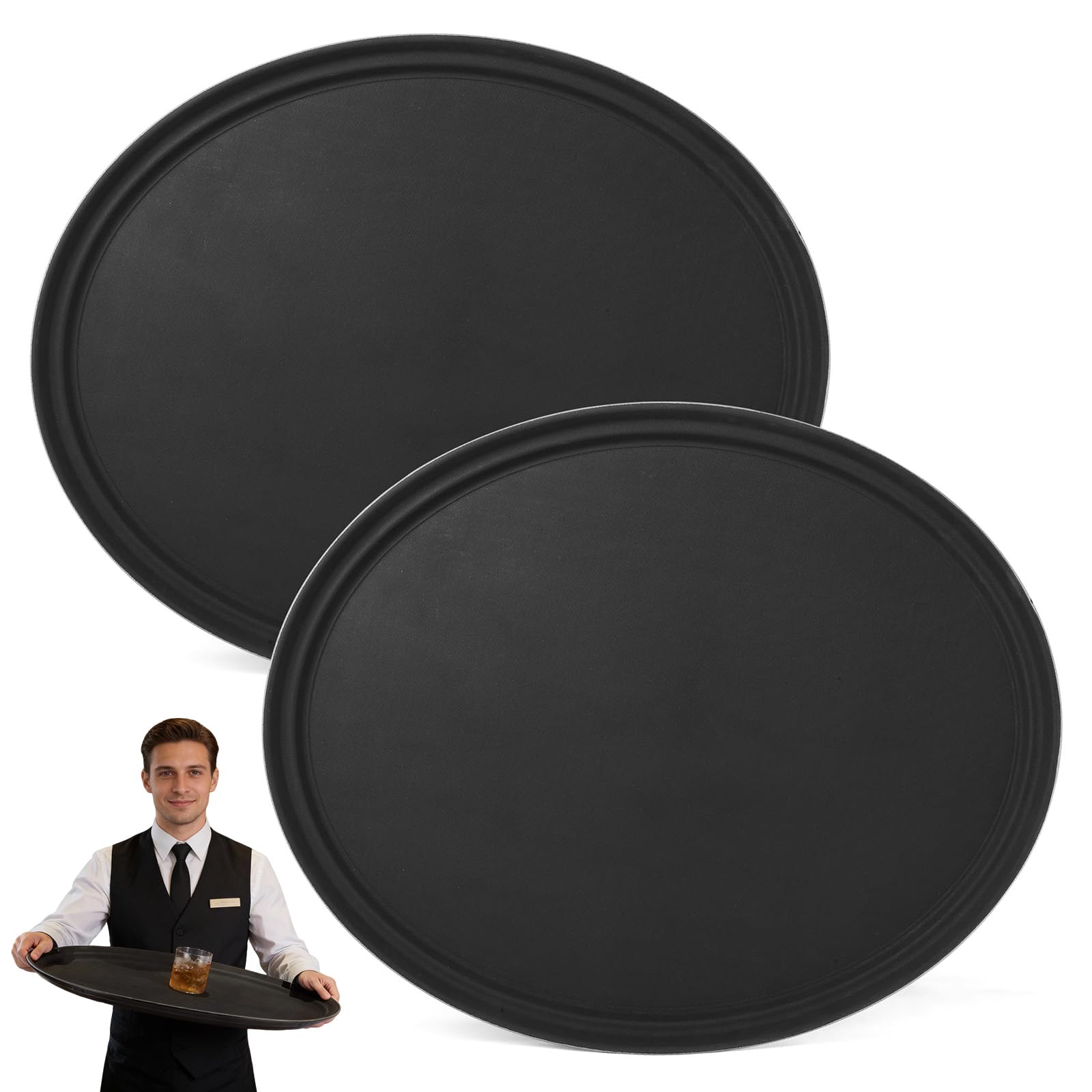 CURTA Confezione da 2 vassoi antiscivolo per ristorante, NSF, ovale, 55,9 x 68,9 cm, vassoio da portata rotondo rivestito in gomma plastica, nero