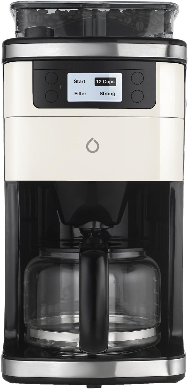 Smarter iCoffee Remote Grind and Brew Drip Coffee Maker On Demand with Smarter App, Built-In Bean Grinder, and Warming Plate for Kitchen, Dorm Room, or Office in Cream