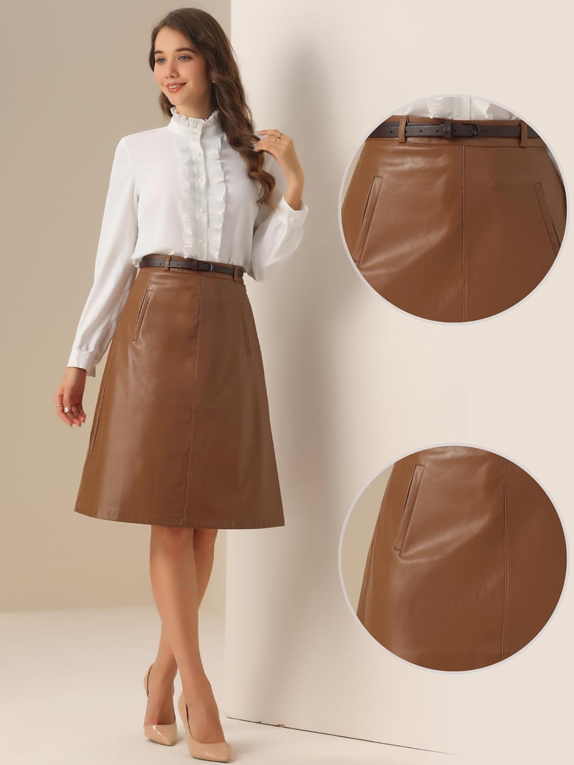 Allegra K Faux Leather Skirts for Women 2026 High Waisted A-Line Elegant Dressy Casual PU Midi Skirt with Belt
