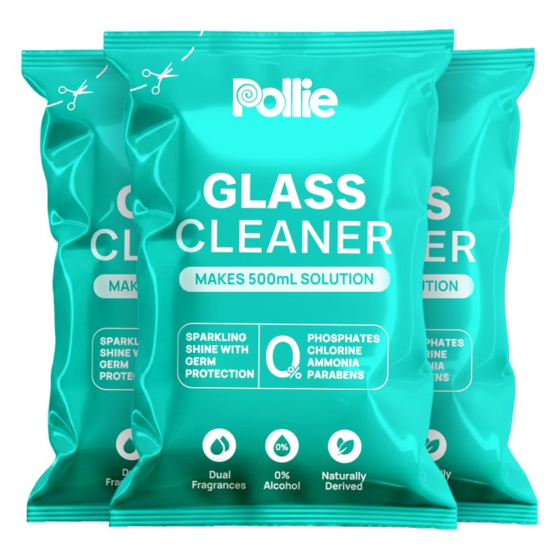 Image of Pollie Glass Cleaner Pack of 3 Sachets (1.5L) | 1 Sachet Makes 500 Ml | For Gadgets, Electronics, Cars Mirror, Kitchens, Bathrooms & Other Glass Surfaces|Dual Fragrance, Alcohol-Free, Non-Toxic