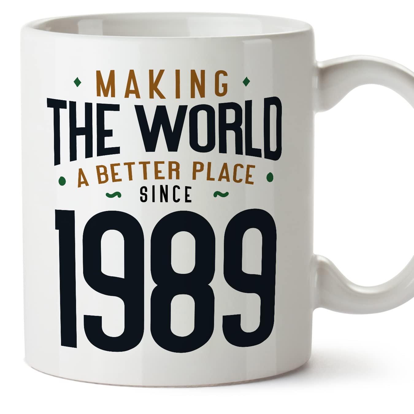 MUGFFINS 1989 Birthday Mug - in English - Making The World a Better Place - Funny Anniversary Present - 11 oz
