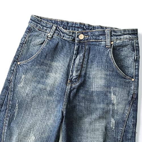 Jeans rétro bleu élastique avec empiècements patchés et coupe harem ample