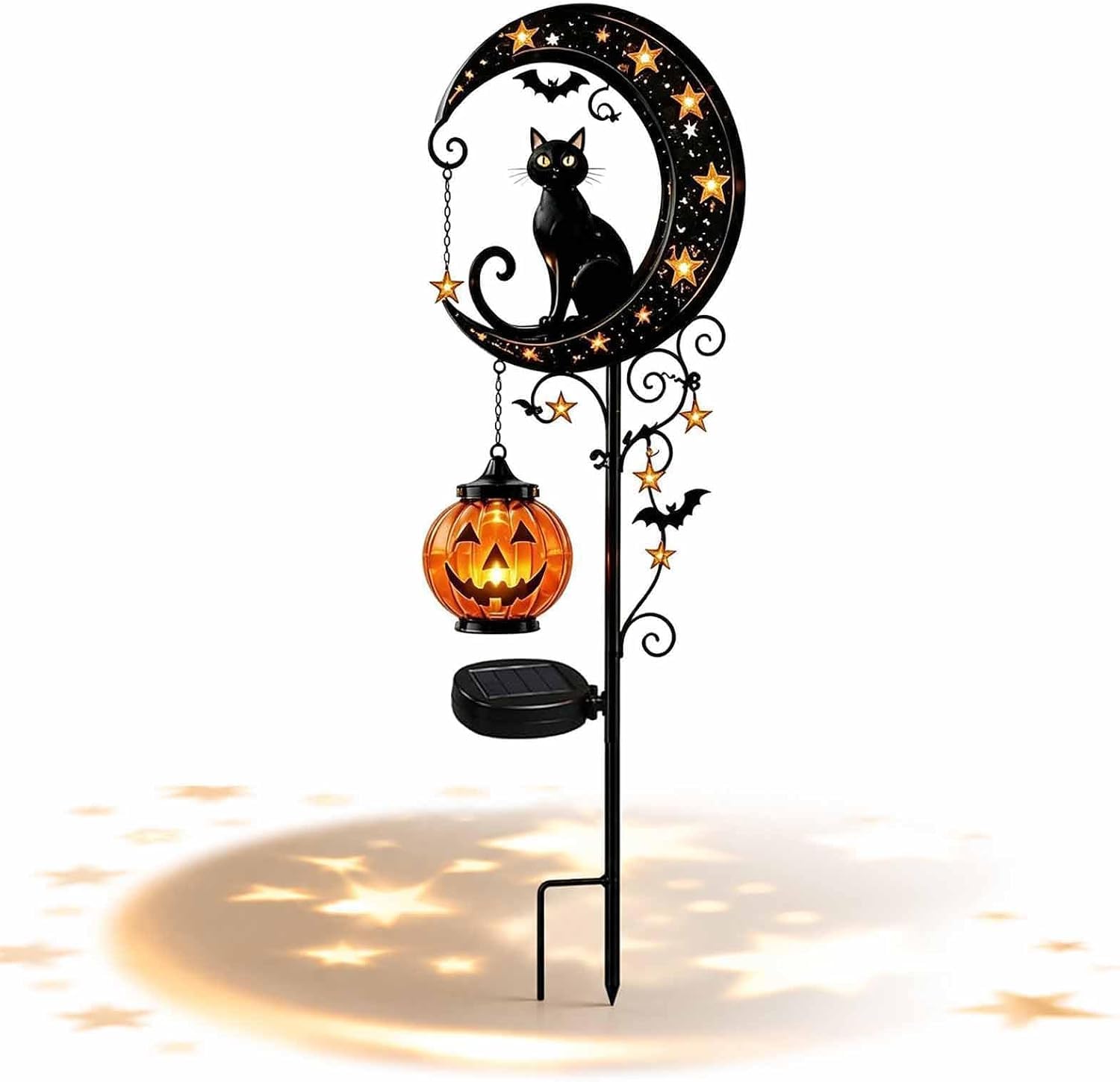 Solar Halloween Black Cat Garden Stake Light, Metal Crescent Moon & Pumpkin Lantern Yard Decor, Auto On/Off Waterproof LED Landscape Lighting for Patio Lawn Pathway