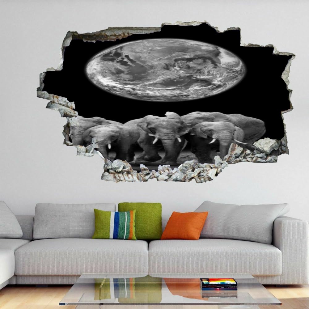 Décoration Murale 3D, Éléphant Autocollants D'Affiches Amovibles D'Art Brisé De Tatouage, Lune Décorations De Décalcomanies En Imperméables Pour La Maison, La Pépinière 120x80cm