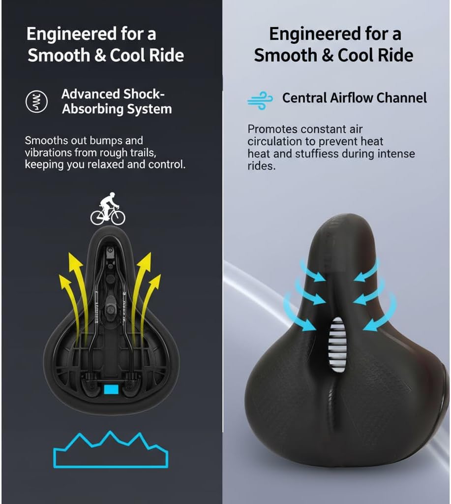 Ascent Bike Saddle Ergonomic Shape for Hip Comfort, Shock-Absorbing Design, Breathable Fabric, Suitable for Road & Mountain Biking, Secure Installation