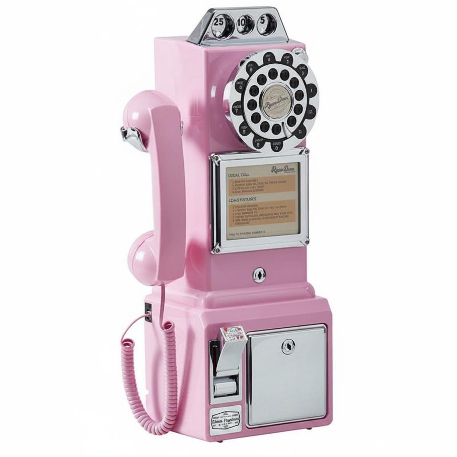 Chrome Trim Coin Telephone Glossy Finish Rotary Knob Payphone Lockable Door Retro Payphone Decorative, Pink, Landline-image-8