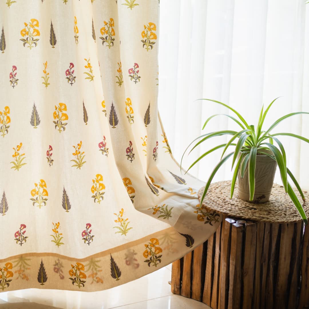 Urban Space 100% Cotton Floral Curtains for Door, 60-65% Light-Filtering Cotton Curtains 7 Feet Long Set of 2 with Eyelets and Tieback(High Garden Yellow, Door- 7 Feet X 4 Feet)