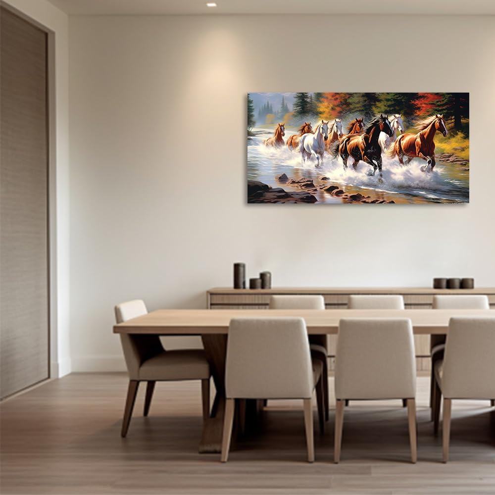 CGXLB Horse Wall Art Running Brown Horses Posters Black and White Horse Pictures Wall Decor Stream Autumn Forest Painting Framed Abstract Dynamic Pictures for Office Living Room Bedroom 12"x24"