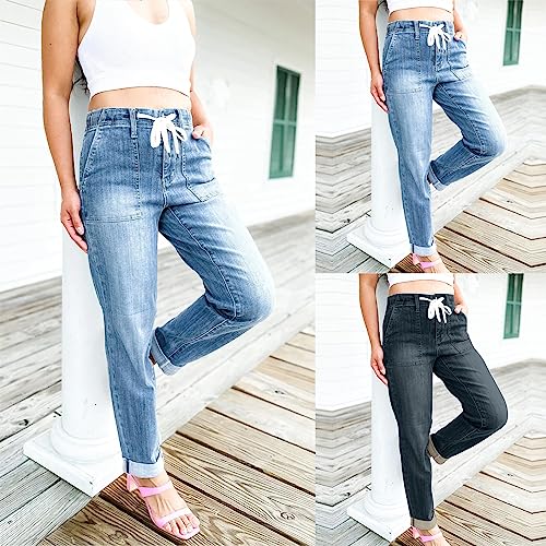 Gumipy Women's Pull On Denim Joggers Elastic Waist Stretch Drawstring Jeans with Pocket Casual Baggy Cropped Jeans3