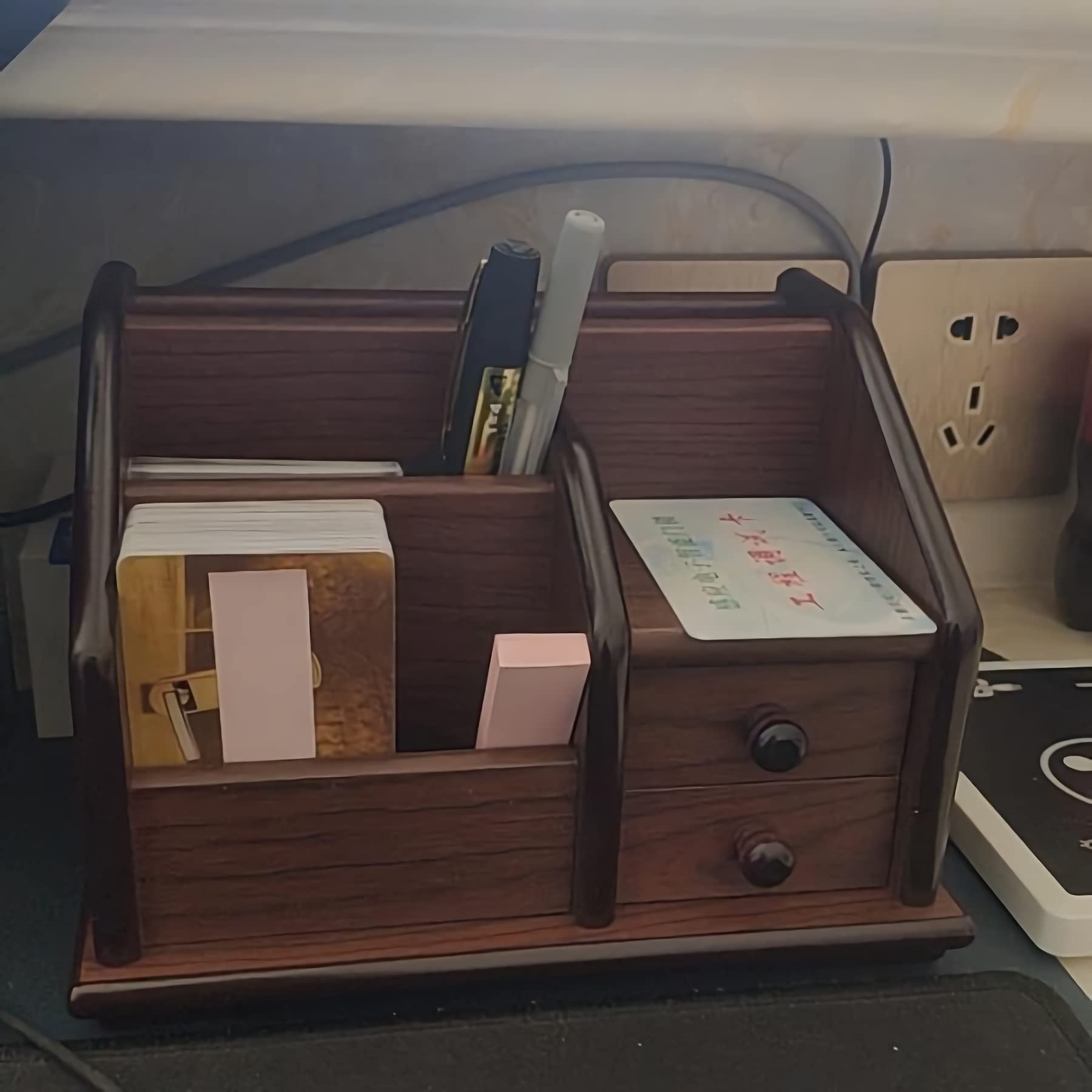 Titular de la Pluma con 4 Compartimentos,Caja de Organizador de Oficina de Madera con Tarjetas de Nombres de Negocios/teléfono móvil/cajón extraítico