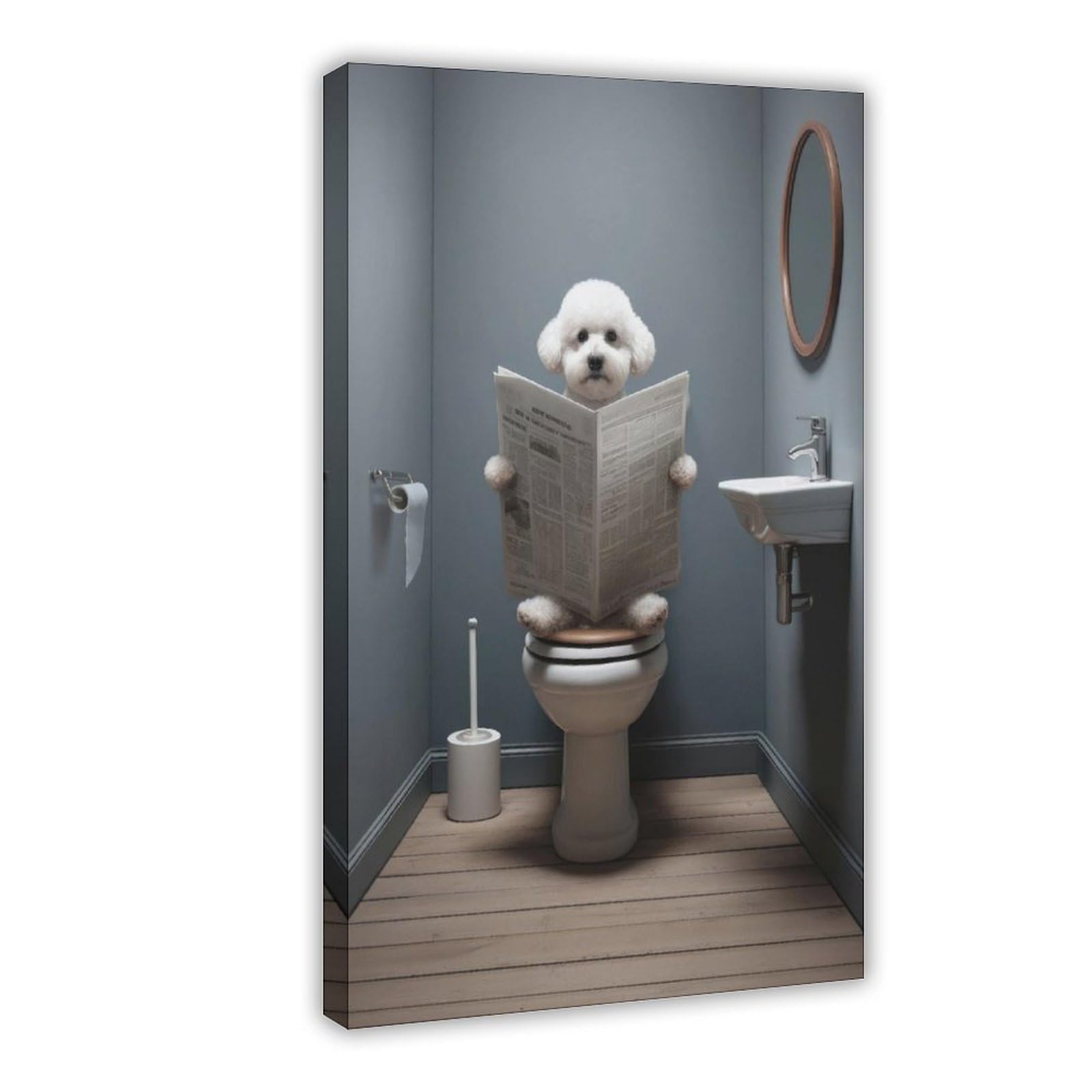 BNCEDJK Photograph of A Bichon Frisé Reading The Newspaper on The Toilet Canvas Poster Bedroom Decor Landscape Decor Gift 16x24inch(40x60cm)