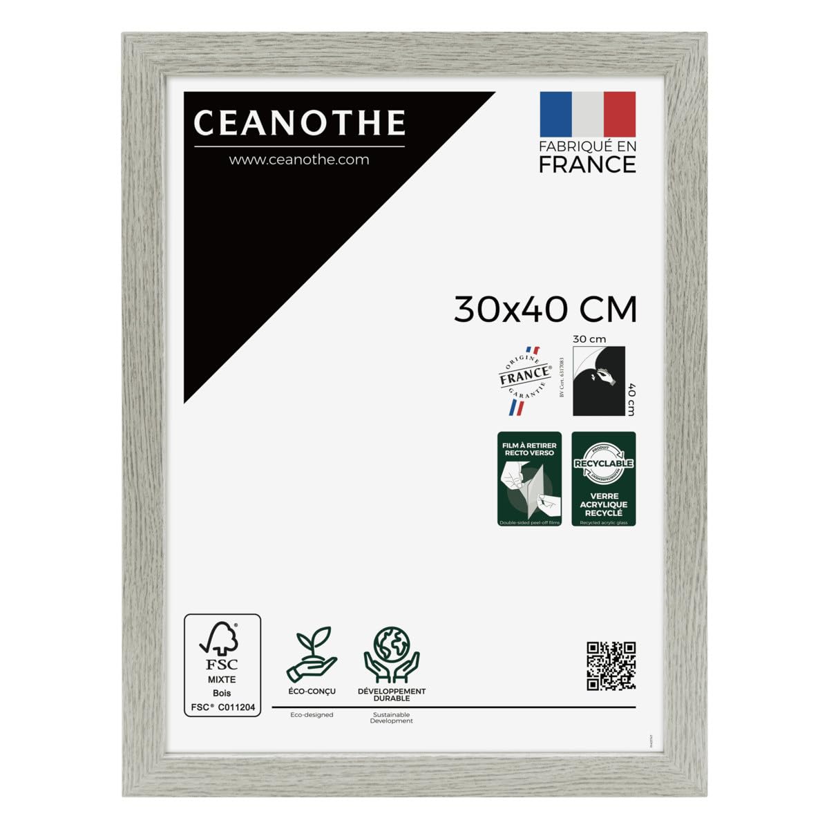 Cadre Photo 30x40 cm Bois FSC Grisé Convient au A4 de la Collection Australe Verre acrylique Incassable - Fabriqué en France