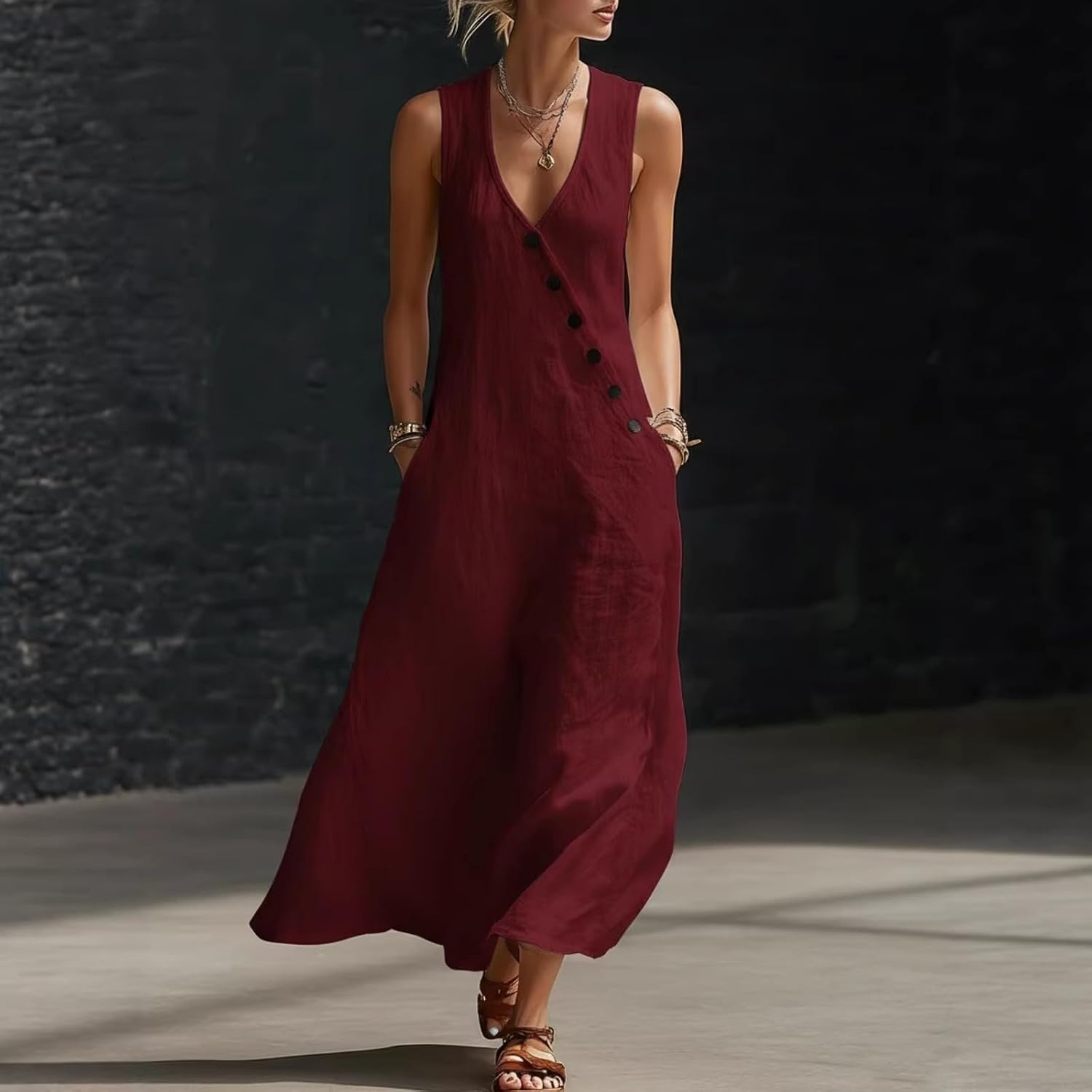 Aoleaky Women's V Neck Linen Maxi Dress, Sleeveless Tank Dress for Spring/Summer