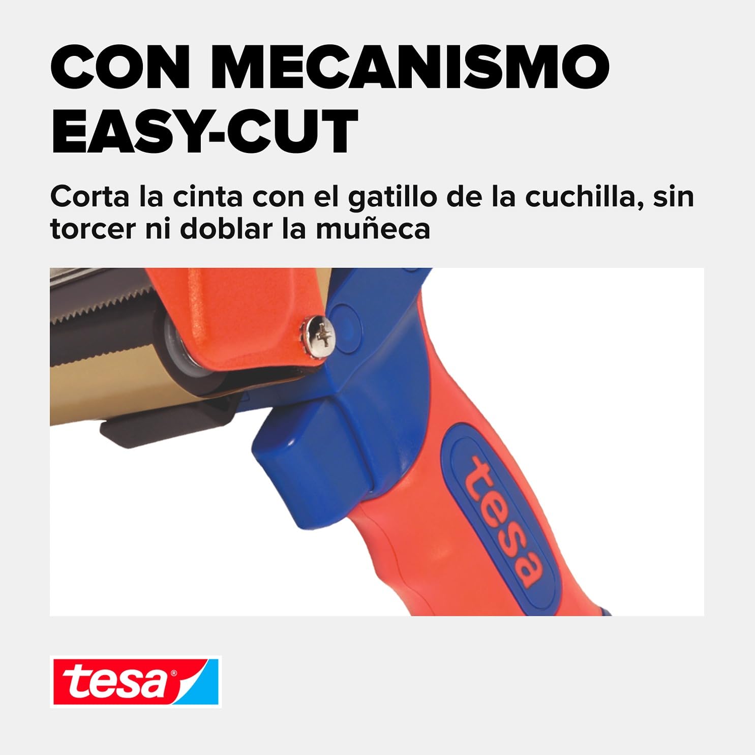 tesa tesapack® - Dispensador Manual Premium - Precintadora de Cintas para Embalaje Profesional - Ergonómico y Robusto - Para Rollos tesa® de hasta 50 mm de ancho - Color: Azul y Rojo
