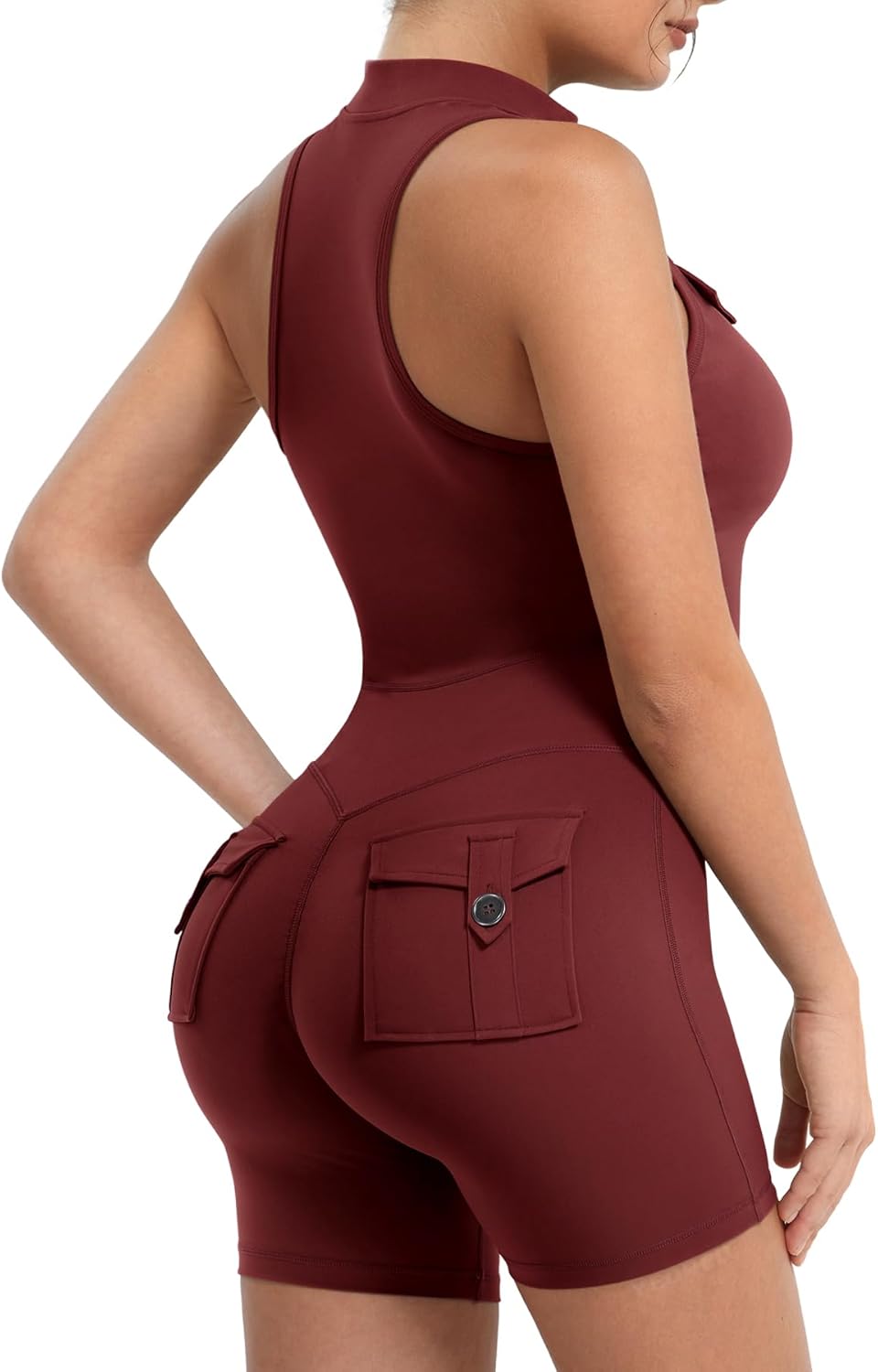 YEOREO CoreFlex Sleeveless Workout Jumpsuit With Pockets Zip Up Back Scrunch Gym Romper for Women Yoga