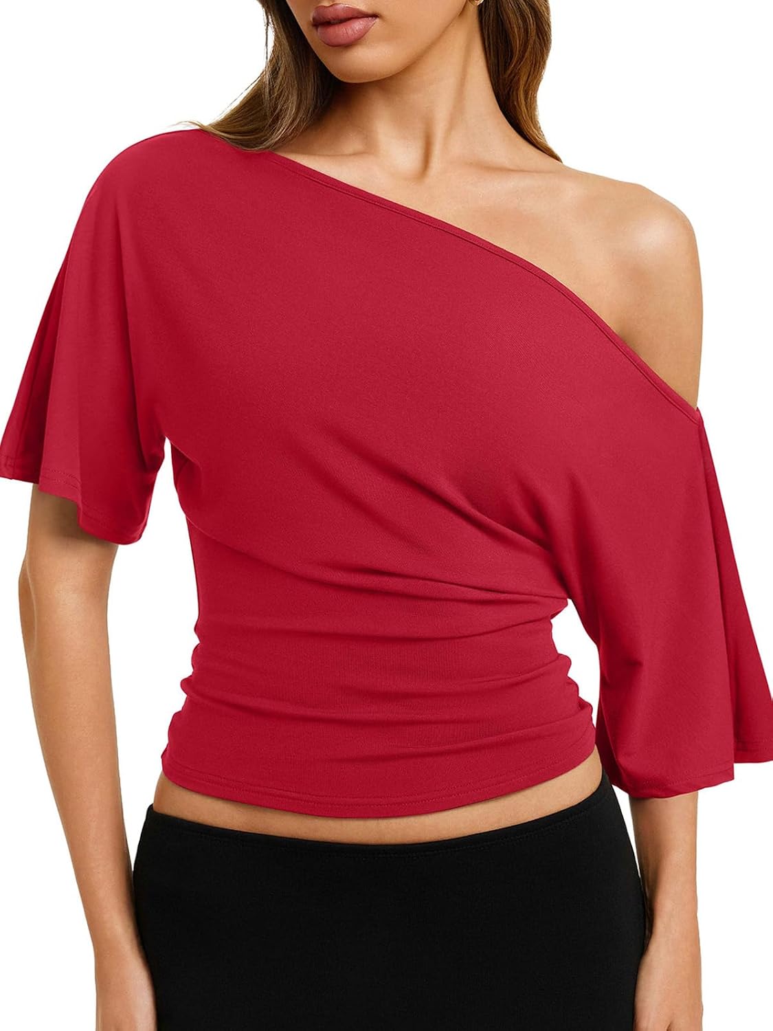 REORIA Womens Off The Shoulder Tops Cinched Waist Short Sleeve Tee Shirts Casual Loose Summer Outfits 2026