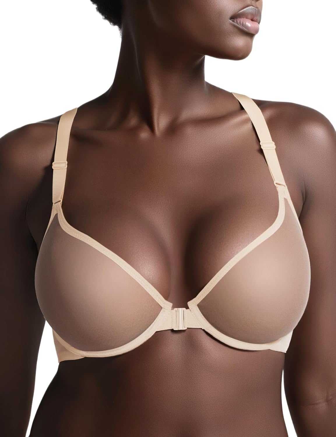 Racerback Bras for Women Mesh Front Closure Plunge See Through Unlined Sheer Underwire Bra Nude 34D
