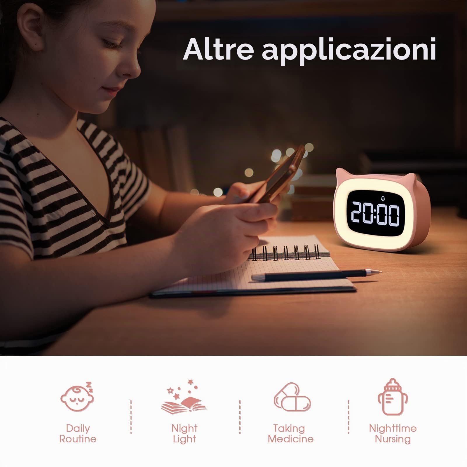 mizikuu Sveglia Bambini da Comodino, Sveglia Digitale con Led Numeri Grandi, 0-100% Dimmer, 18 suonerie, 2 Allarmi, 12/24H, Snooze, Porta di Ricarica USB