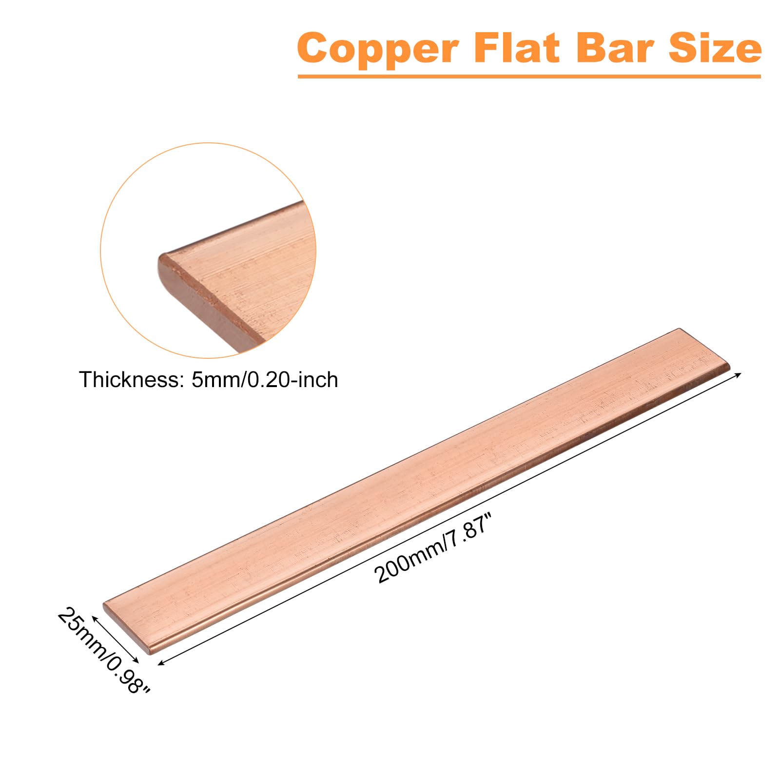 sourcing map Barre Plate en Cuivre, Épaisseur de 0,2" x Largeur de 0,98" x Longueur de 7,87", Plaque de Cuivre pour Barre Omnibus pour L'Électricité (5mm x 25mm x 200mm)