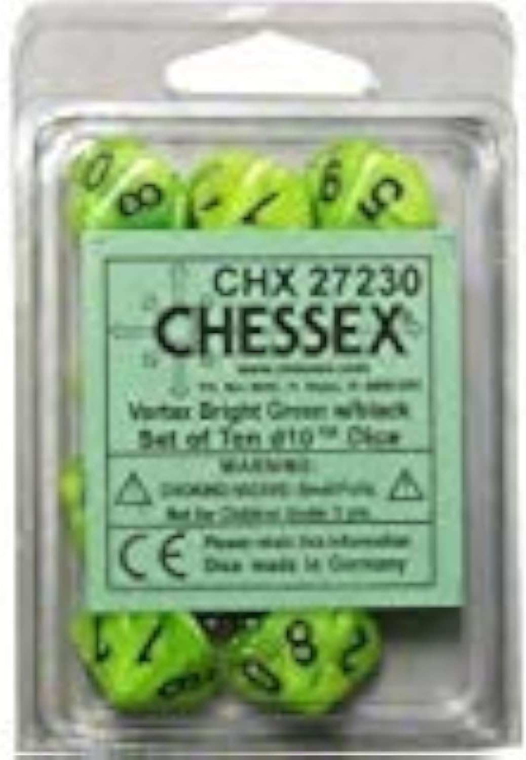 Chessex Dice Sets: Vortex Bright Green with Black - Ten Sided Die d10 Set (10)