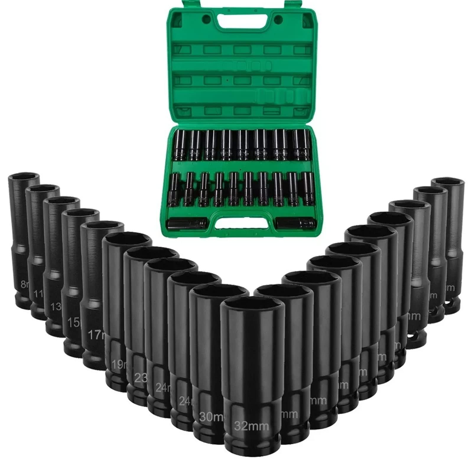Juego de Llaves de Vaso de Impacto, 20 Piezas, 8-32mm, Acero Cromo Vanadio, Revestimiento Negro, para Mantenimiento Auto y Reparación de Coche