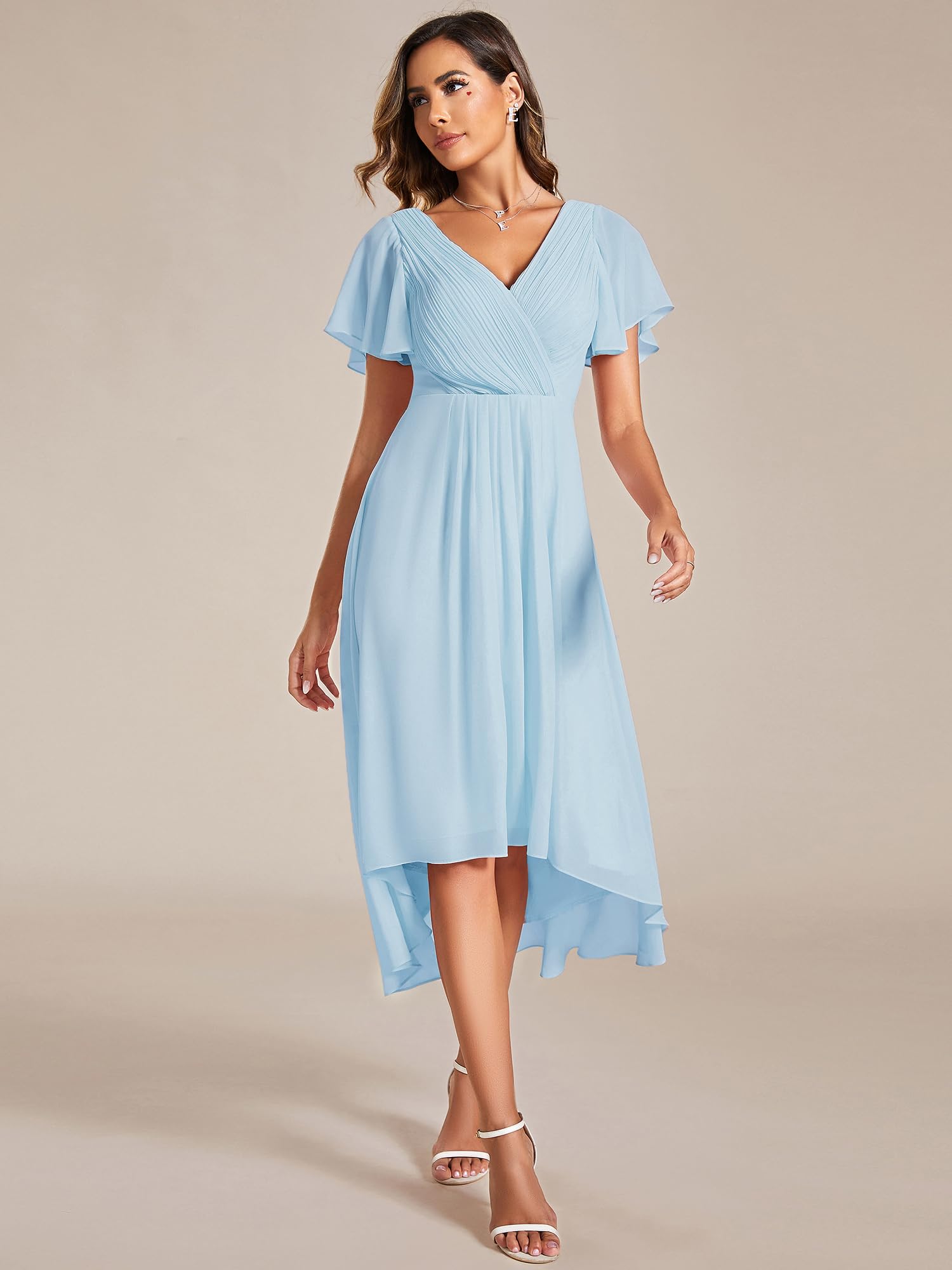 Ever-Pretty Vestito Elegante Donna Cerimonia Manica Corta Collo a V Gonna Midi Cielo Blu 40