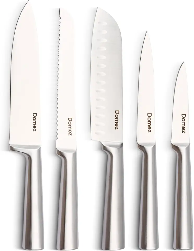 DOMEZ Jogo de 5 Facas Inox 4Cr13 | Conjunto de Facas de Cozinha Profissional | Faca Chef, Faca de Pão e Faca Churrasco | Design Ergonômico e Resistente à Ferrugem