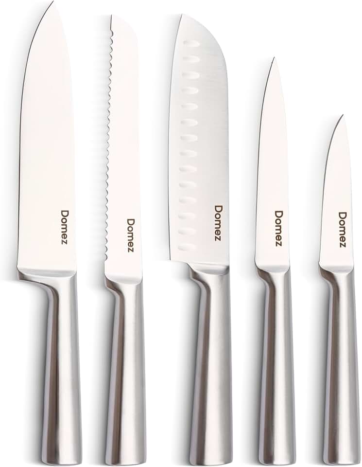 DOMEZ Jogo de 5 Facas Inox 4Cr13 | Conjunto de Facas de Cozinha Profissional | Faca Chef, Faca de Pão e Faca Churrasco | Design Ergonômico e Resistente à Ferrugem