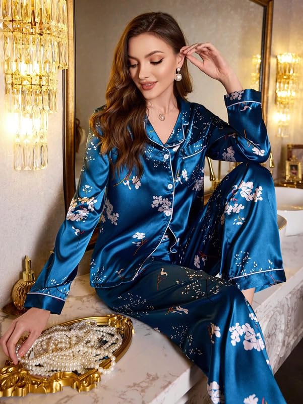 Image of Night Suit for Women with Full Sleeve Button-Down Top with Pant Dress for Woman, Cotton Night Dress for Woman, Two-Piece Loungewear Set