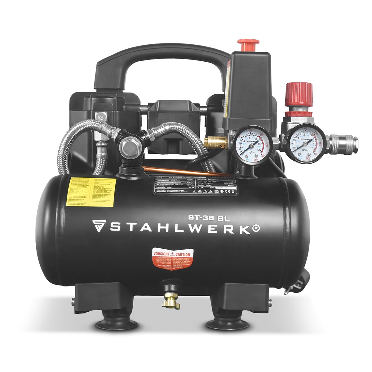 STAHLWERK Kompressor mit 3 L Tank (ST-38 BL) – ölfrei & leise, 8 bar, 1,22 PS (0,9 kW), 170 l/min, 65 dB, Druckluftkompressor mit Brushless-Motoren, Silent-/Flüsterkompressor, Kolbenkompressor