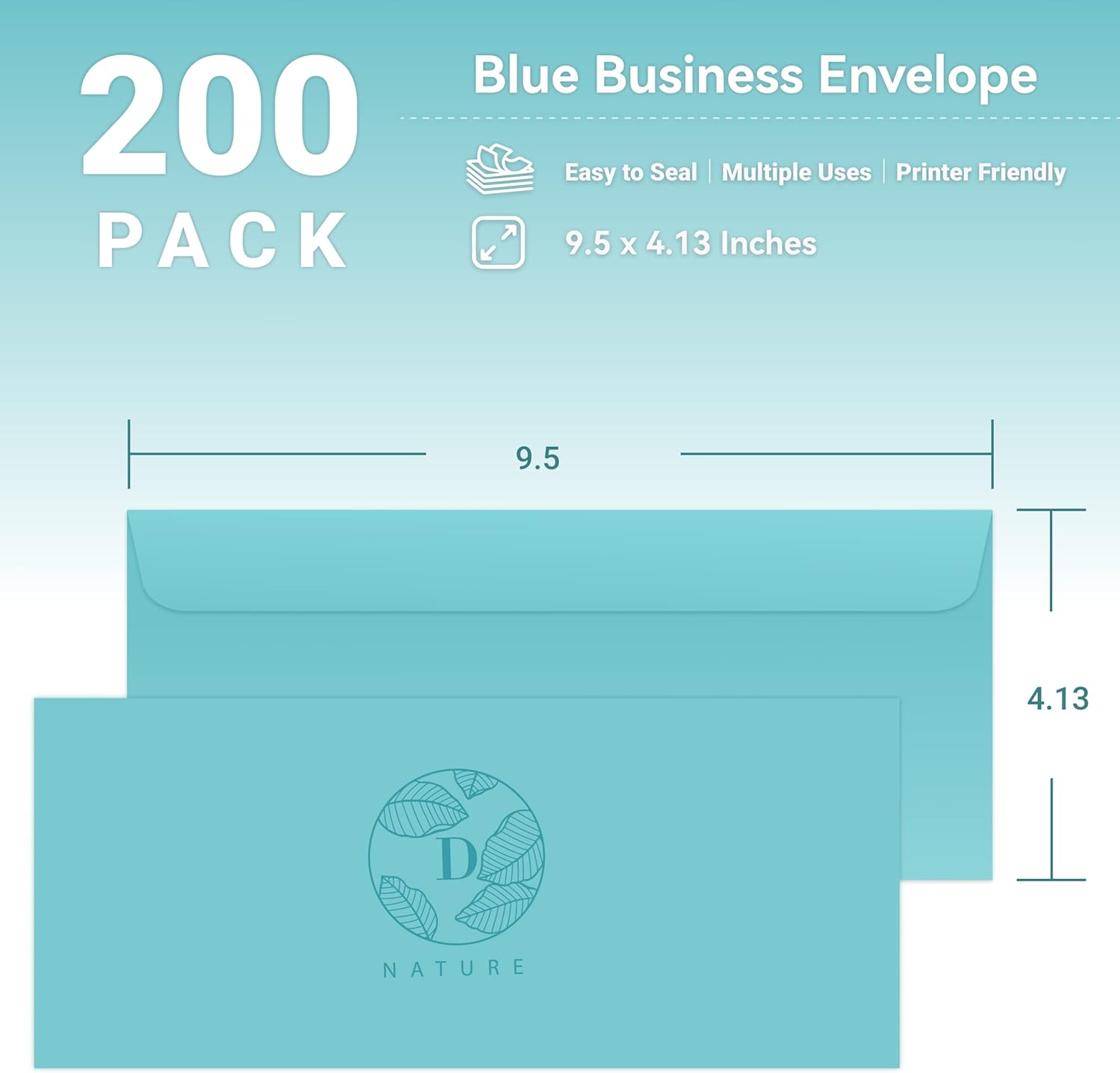 Business Envelops, 200-Pack #10 Blue Envelopes, Standard Square Flap, Gummed Seal, Perfect for Invitations, Office, Checks, Letter, Mailing, Crafts, Printable, Windowless, 4-1/8 x 9-1/2 Inches